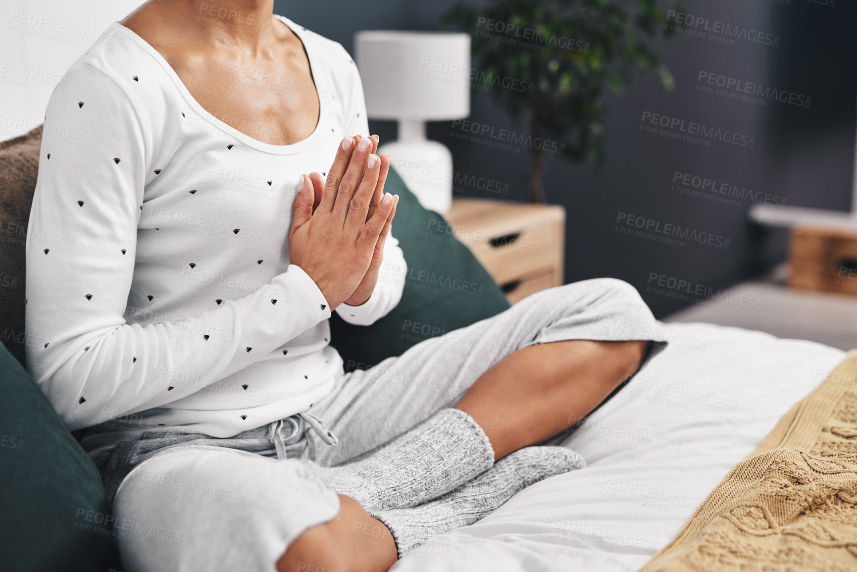 Buy stock photo Woman, hands closeup and meditation exercise in home bedroom for peace, mental health and calm chakra. Female person with praying or meditate for spiritual healing, zen and holistic yoga to relax