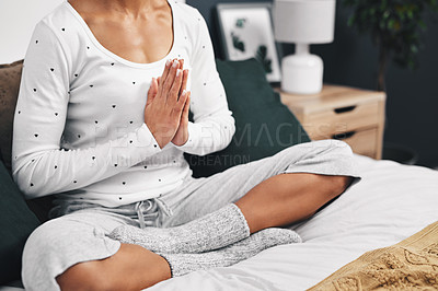 Buy stock photo Woman hands, house and meditation exercise in home bedroom for peace, mental health and calm chakra. Female person praying or meditate for spiritual healing, zen and holistic yoga to relax on bed
