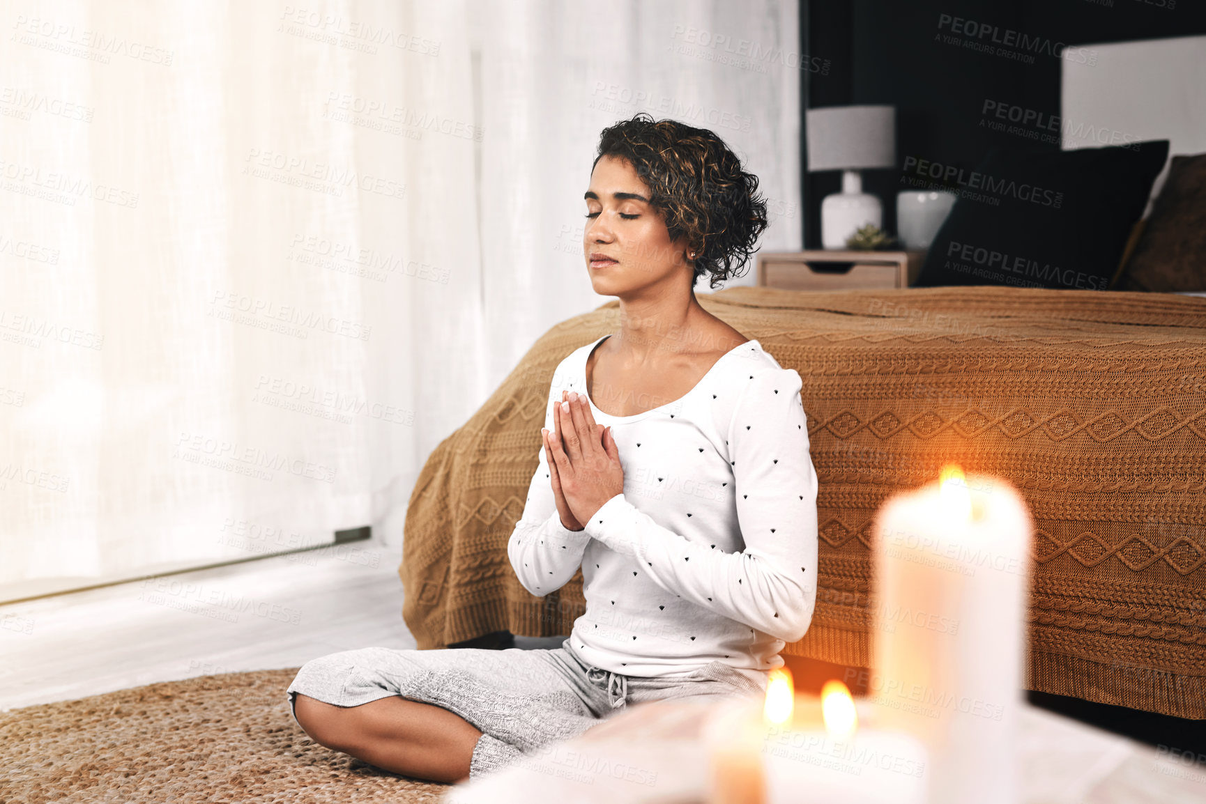 Buy stock photo Woman, namaste and meditation exercise in home bedroom for peace, mental health and calm chakra. Female person with prayer hands to meditate for spiritual healing, zen and holistic yoga to relax