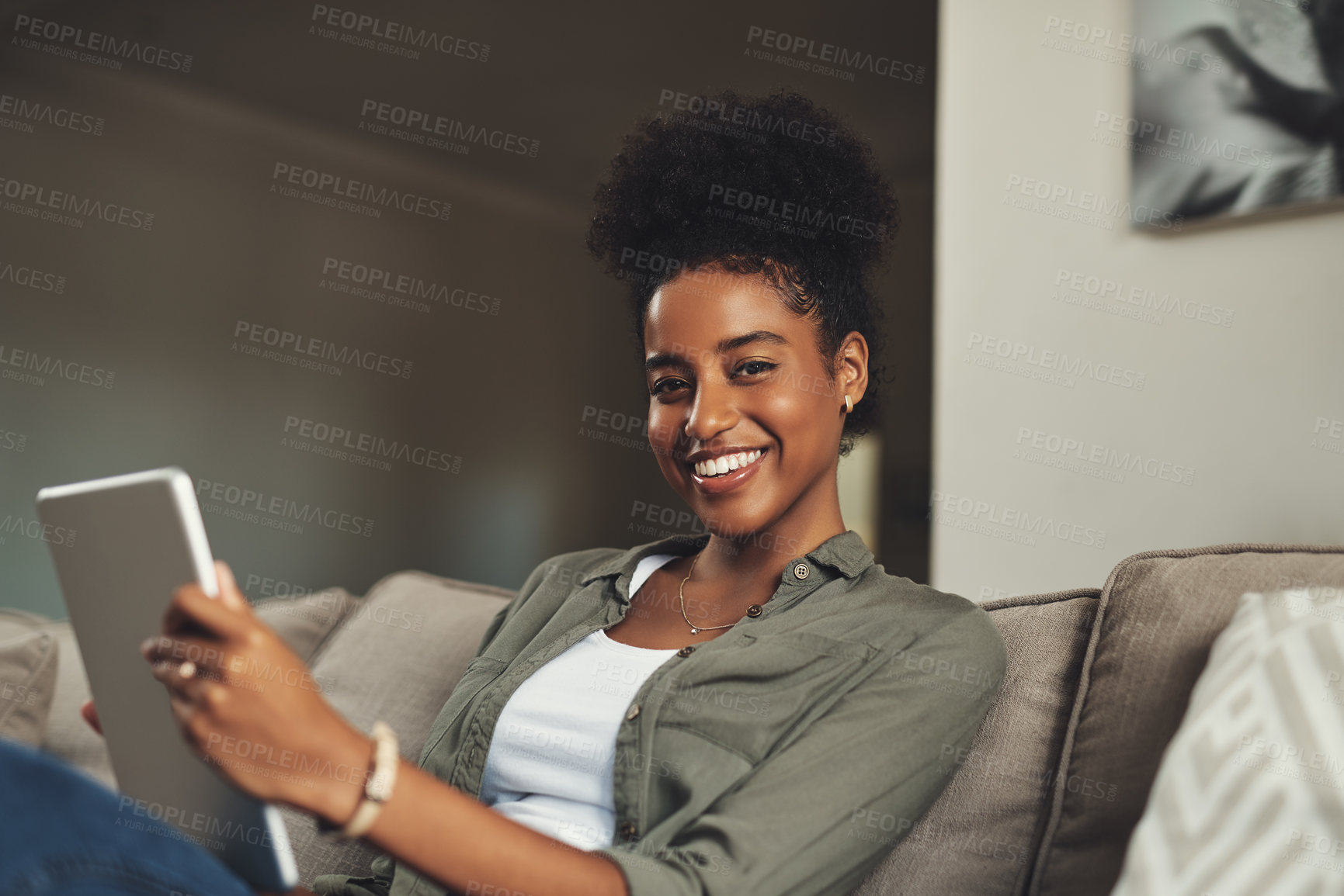 Buy stock photo Relax, tablet and portrait of black woman on sofa for social media, online shopping and internet. Happy, home and person on digital tech for website, news and networking on weekend in living room