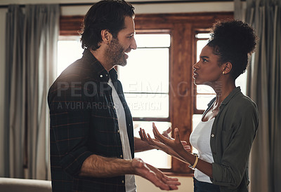 Buy stock photo Divorce, home and couple with a fight, conflict or cheating with disagreement, affair and argument. Partners, man or woman with relationship problems, discussion or frustrated with crisis and talking