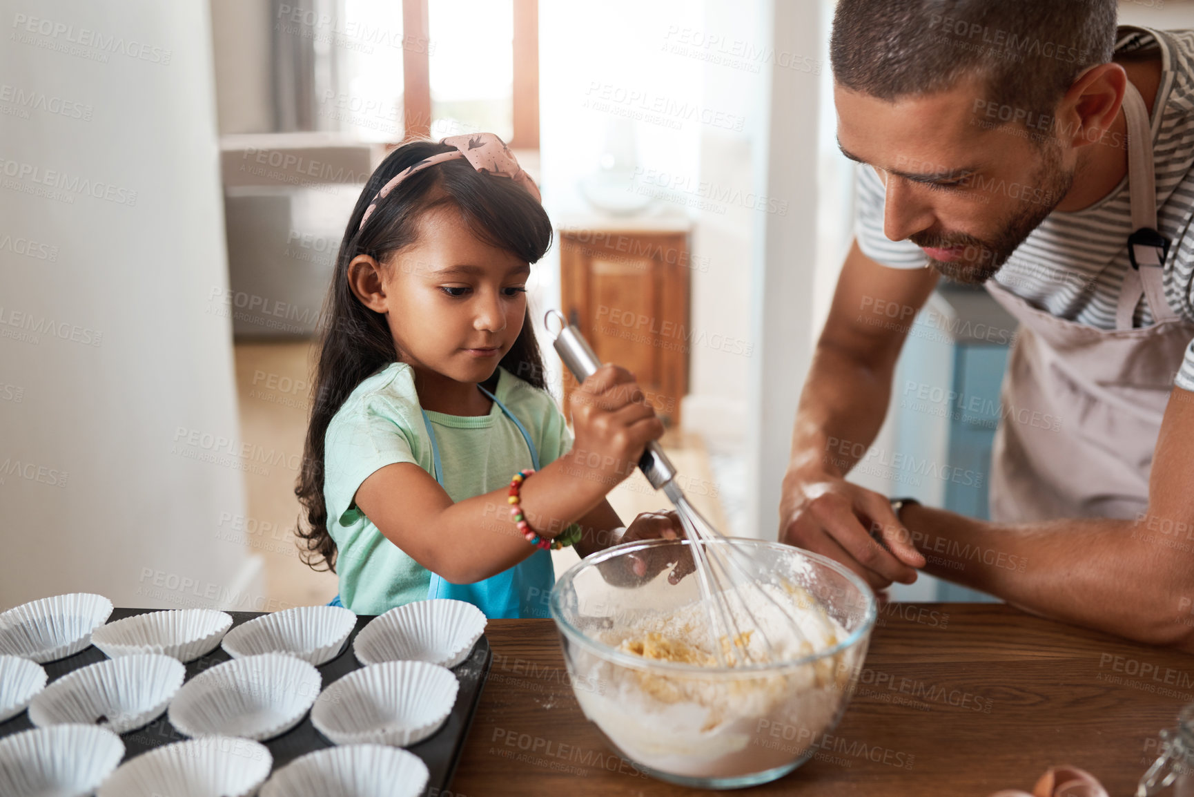 Buy stock photo Male person, child and learning with baking, skill or cooking for nutrition, education and growth. Father, kid and teaching in youth development, support and bonding on kitchen counter in family home