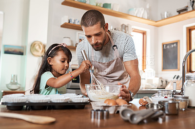 Buy stock photo Father, girl and teaching with baking, eggs or cooking for nutrition, education and growth. Male person, chid and learning for youth development, support and bonding on kitchen counter in family home