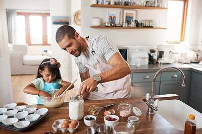 Buy stock photo Male person, child and baking with together, skill or cooking for nutrition, education and growth. Father, kid and teaching in youth development, support and bonding on kitchen counter in family home