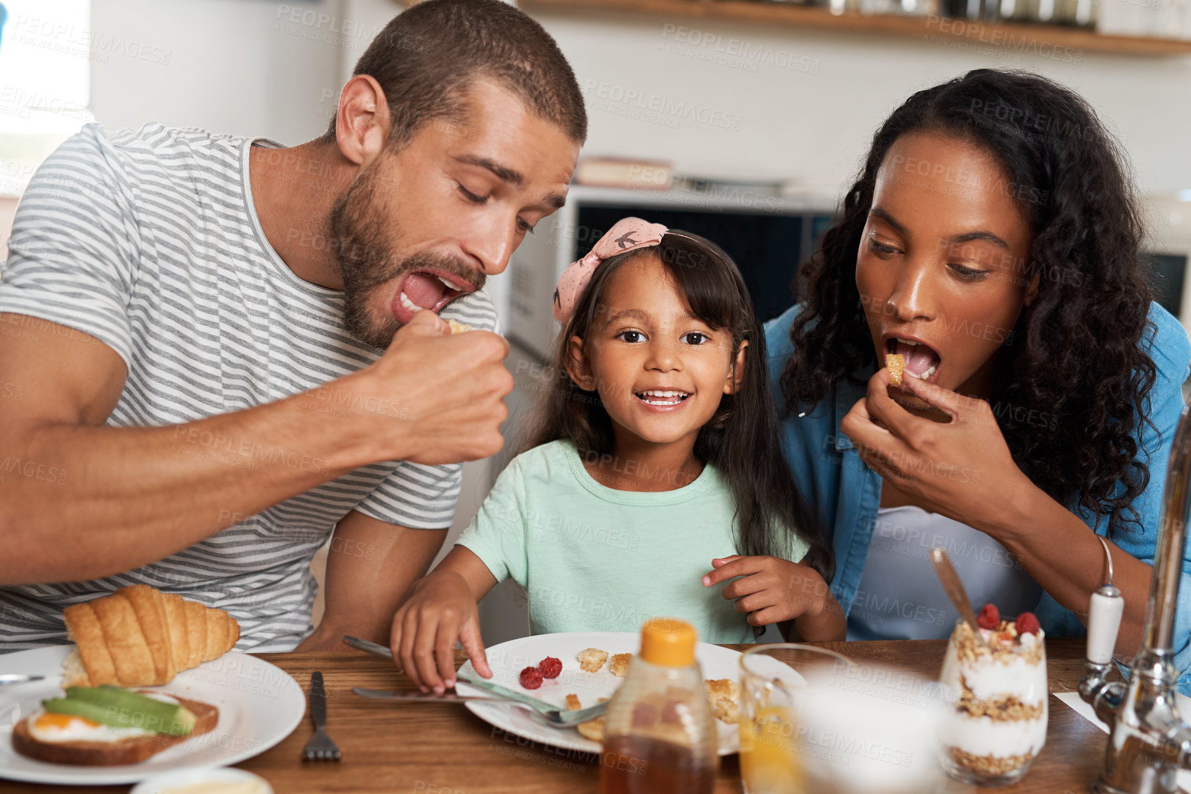 Buy stock photo Kitchen table, parents and kid in portrait for breakfast, food and nutrition in morning as family. Home, mother and father with child for eating pancakes, hungry and bonding together with meal