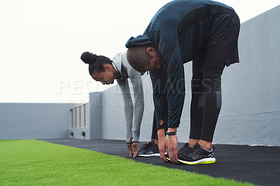 Buy stock photo Fitness, personal trainer and woman with stretching on roof for morning exercise, breathing or workout routine. Sports, athlete and people with balance for wellness, preparing or warm up muscles