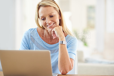 Buy stock photo Smile, remote work and mature woman with laptop for research, information and proofreading at home. Freelancer, female editor and thinking with digital for article, solution and story for publication