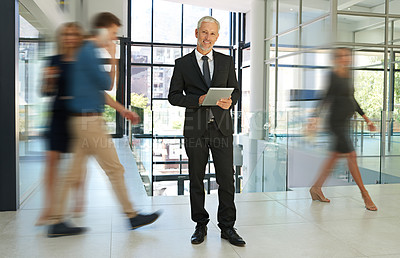 Buy stock photo Full length shot of a handsome mature businessman standing and holding a tablet while his colleagues walk around him