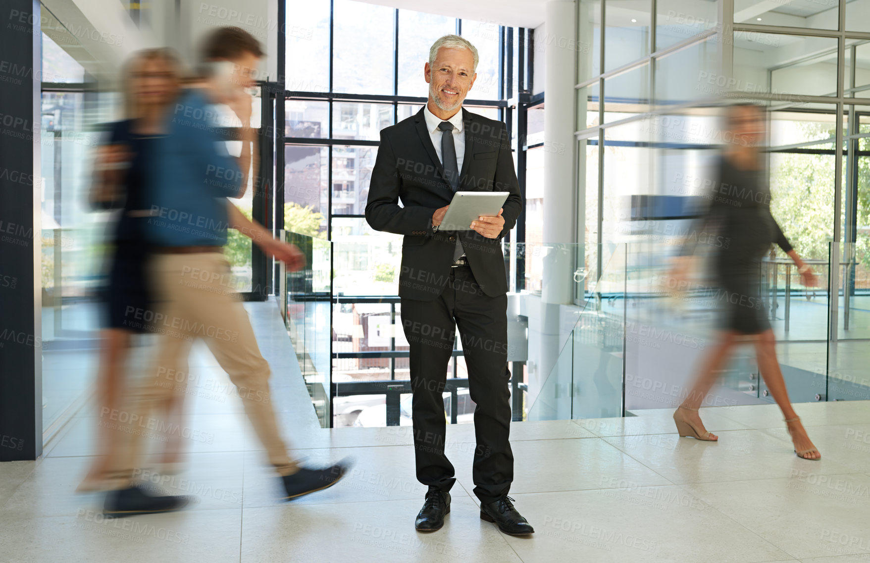 Buy stock photo Business people, tablet and portrait of man busy for productivity, schedule and agenda. Professional, corporate and mature person on digital tech in office for movement, rush and hurry in lobby