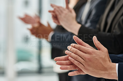 Buy stock photo Cropped shot of a group of unrecognizable businesspeople clapping during a conference in a modern office
