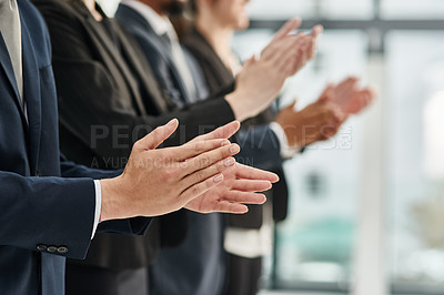 Buy stock photo Business people, team and hands applause for support with celebrate victory, well done or winning. Colleagues, clapping and congratulations for corporate opportunity or loan, presentation or deal