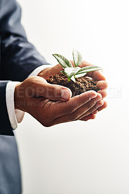 Buy stock photo Hands, plant and soil for business growth, entrepreneur and future of agency, fertiliser and sustainable. Closeup, white background and person with goal for company, seedling or  leaves in studio