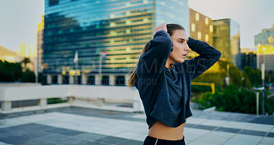 Buy stock photo Woman, city and workout with break or runner with pause, exercise and fitness for wellness. Female athlete, urban and stop for rest with sport, training or running with breathe for health in outdoor