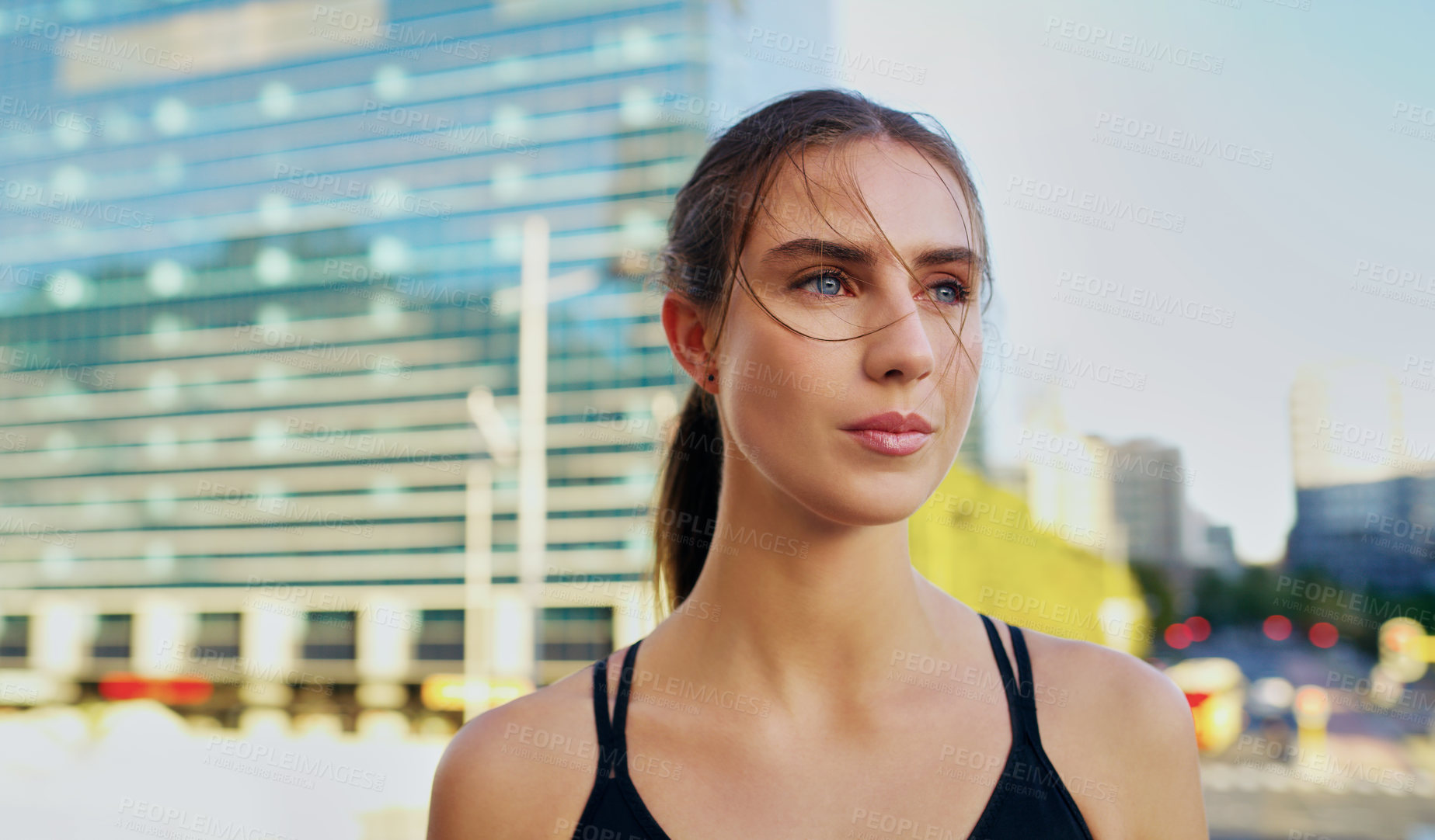 Buy stock photo Woman, athlete and thinking of running in urban city for fitness, health and exercise in town for summer. Female person, runner and training in Los Angeles for marathon, cardio and competition 
