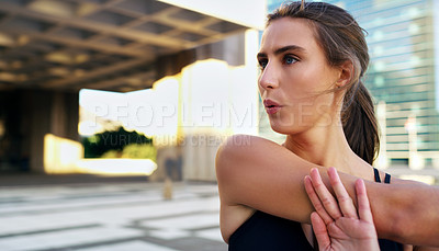 Buy stock photo Athlete, woman and stretching after run with city background for fitness, health and breathing for exercise in town. Female person, runner and training in urban for marathon, competition and cardio