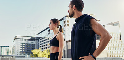 Buy stock photo Man, woman and thinking of fitness, workout and exercise in city with partnership for training. Friends, collaboration and personal trainer outdoor for wellness, success and teamwork in summer