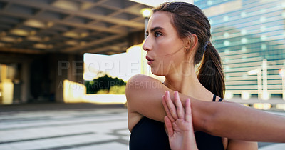 Buy stock photo Runner, woman and stretching after run with city background for fitness, health and exercise in town for summer. Female person, athlete and training in urban for marathon, competition and wellness