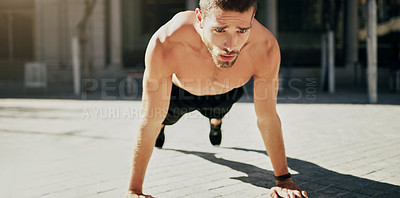 Buy stock photo Fitness, push up workout and man in city for training with exercise for endurance or strong arms. Healthy person, body or powerful sports athlete outdoor for challenge with wellness or development