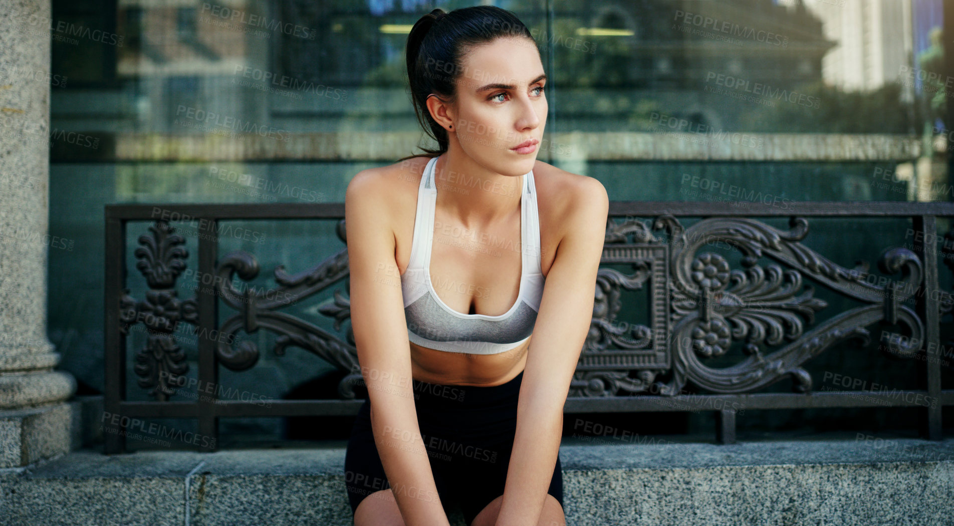 Buy stock photo Fitness, thinking and tired woman on city bench for running break, breathing or morning cardio training. Stop, rest or girl runner with marathon pause on sidewalk with wellness, recovery or challenge