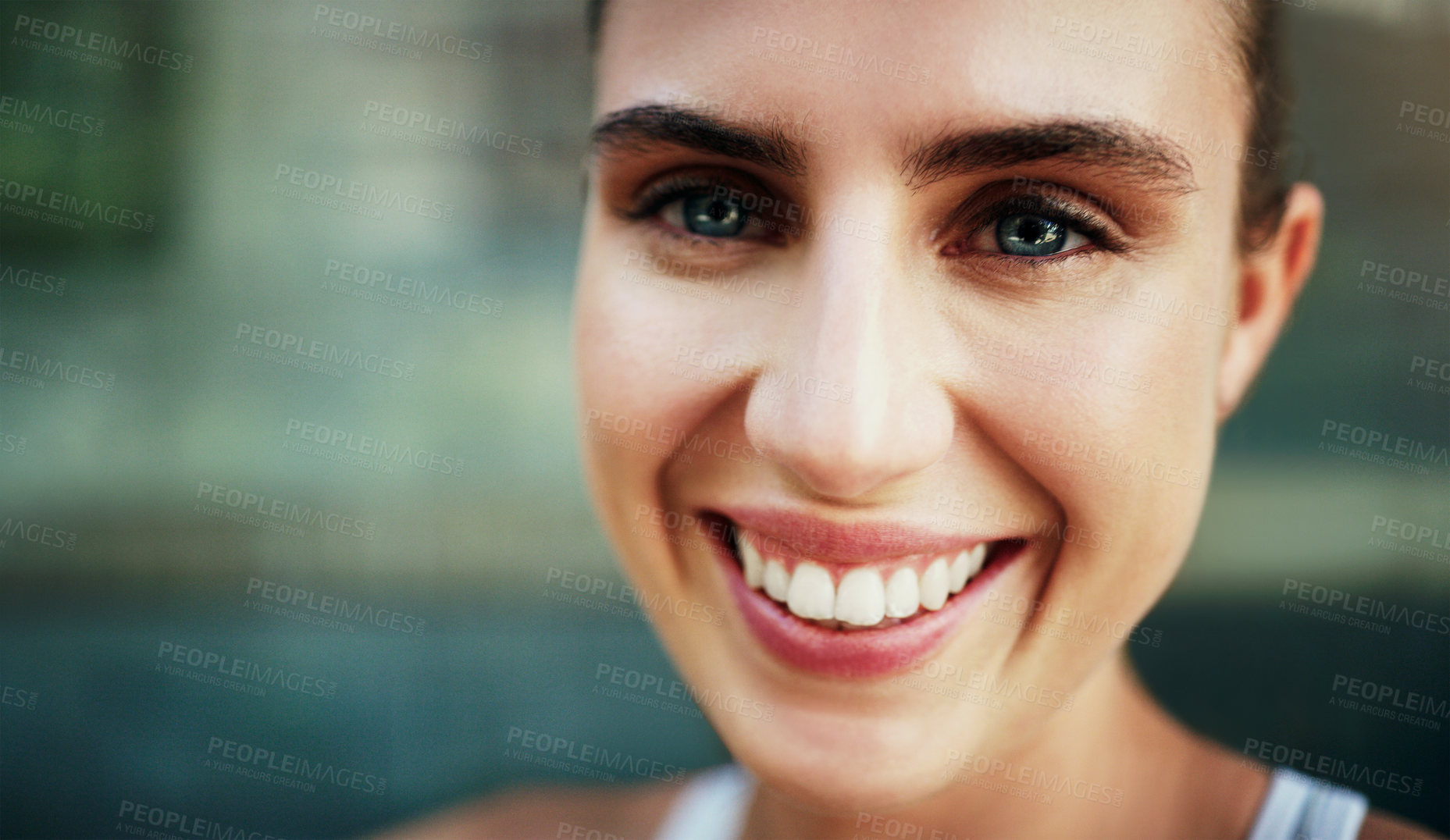 Buy stock photo Woman, portrait and fitness with smile in city for exercise outdoor, training and health for running in urban town. Runner, face and happy girl, athlete and ready for a workout or wellbeing in summer