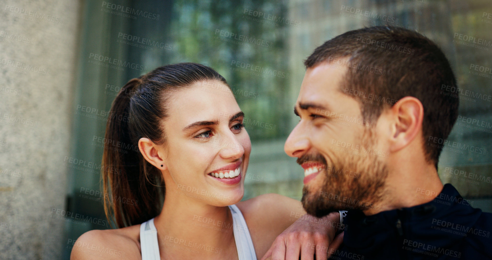 Buy stock photo Fitness, relax or happy couple in city for running workout, outdoor training or exercise in London, England. Sports people, runners and face of man on break with woman for race, wellness or marathon