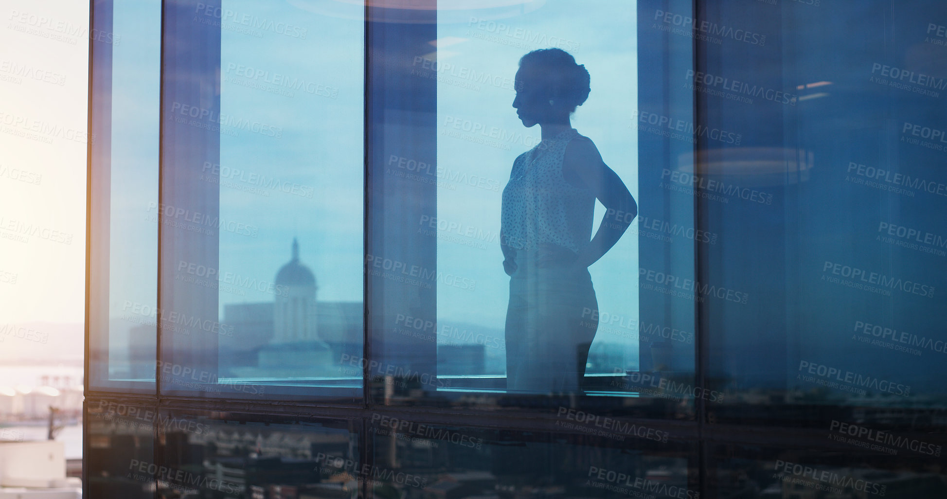 Buy stock photo Thinking, window and woman in city for business, idea and reflection on urban growth in office. Female CEO, silhouette and brainstorming in workplace for leadership inspiration in future investment