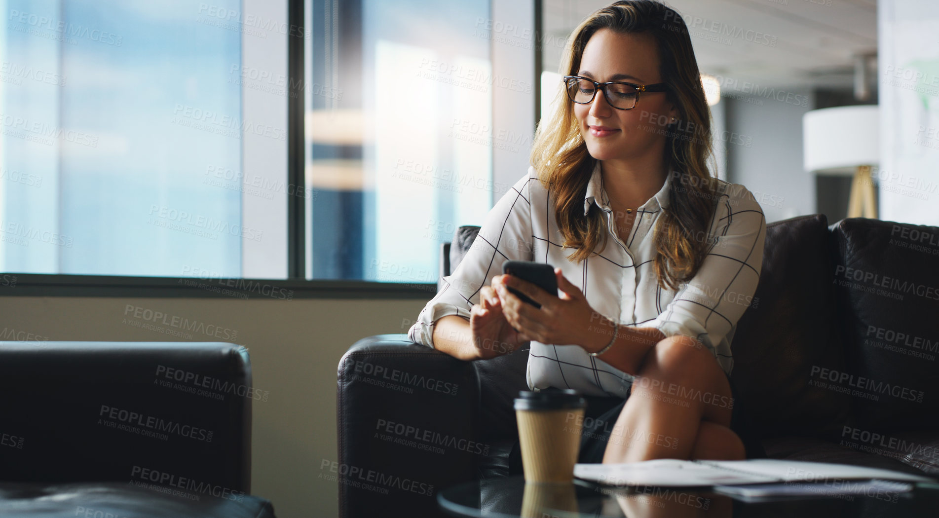 Buy stock photo Business, cellphone and woman in office, reading and digital app for communication. Person, employee and professional in workplace, smartphone or internet for social media, website info or connection