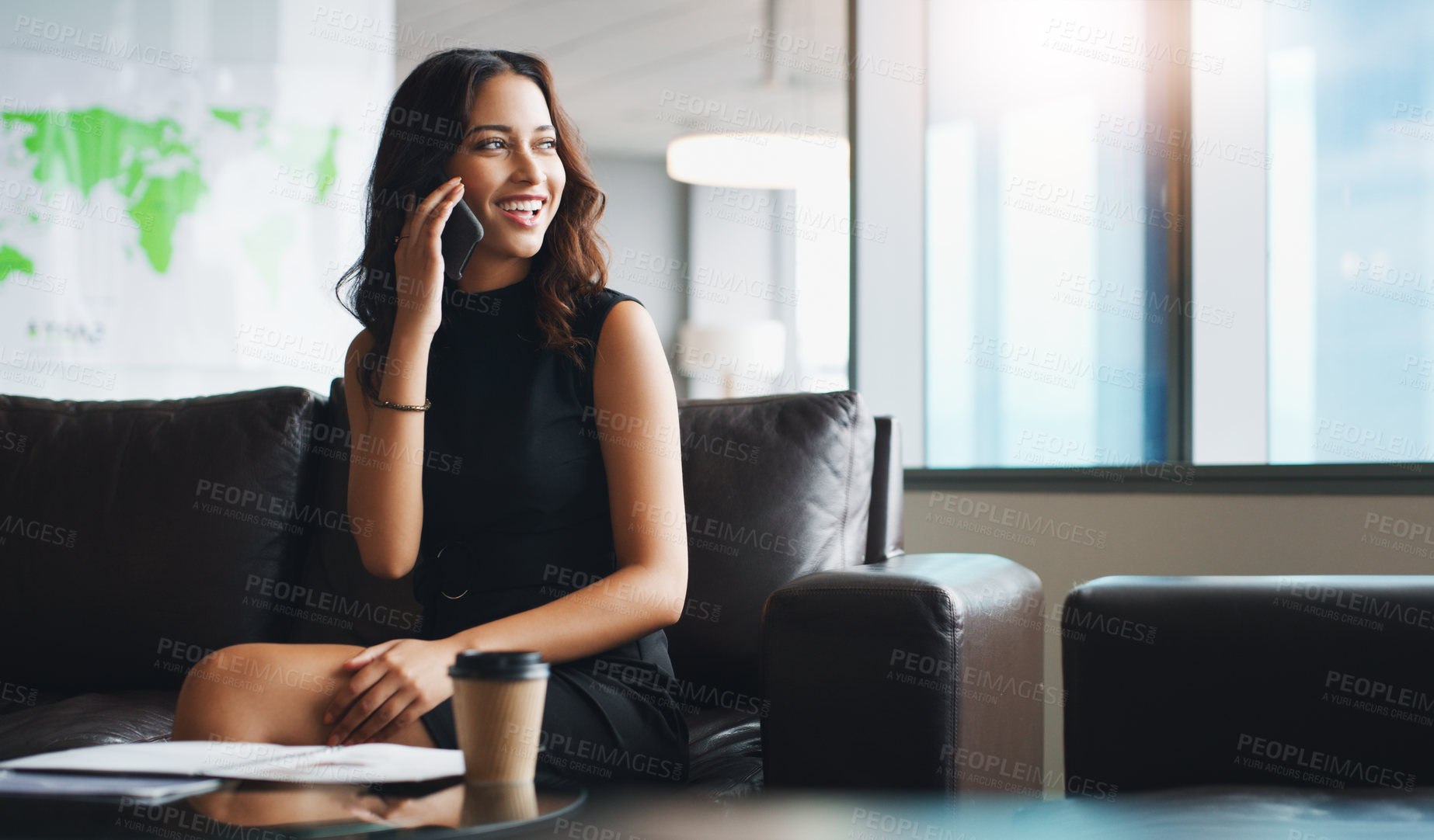 Buy stock photo Phone call, business and woman on sofa in company for communication, geo marketing or deal. Mobile, smile and marketer in office lounge for campaign feedback, ads and conversation for target market