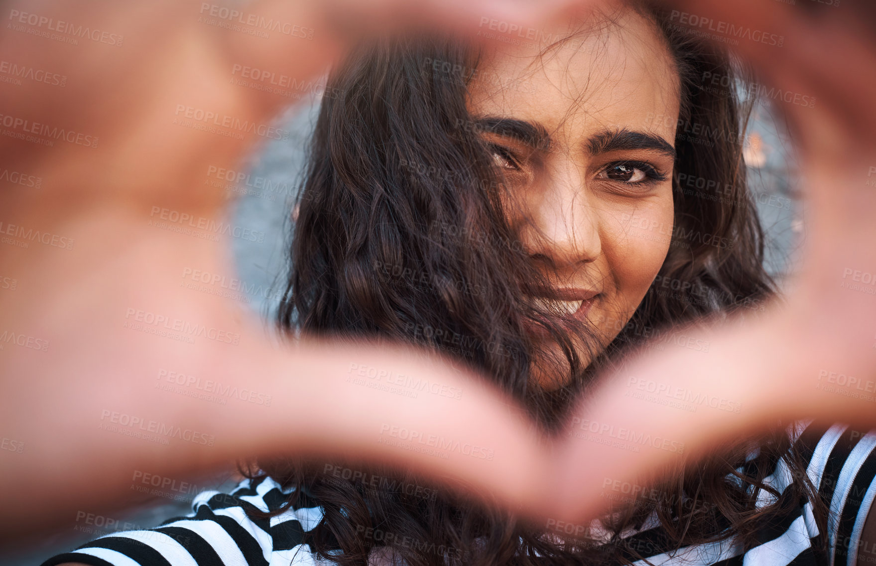 Buy stock photo Portrait, hands and heart sign for girl, love and outdoor with gesture, break and morning in weekend. Proud university, student and happiness for scholarship, academy and campus in New York city
