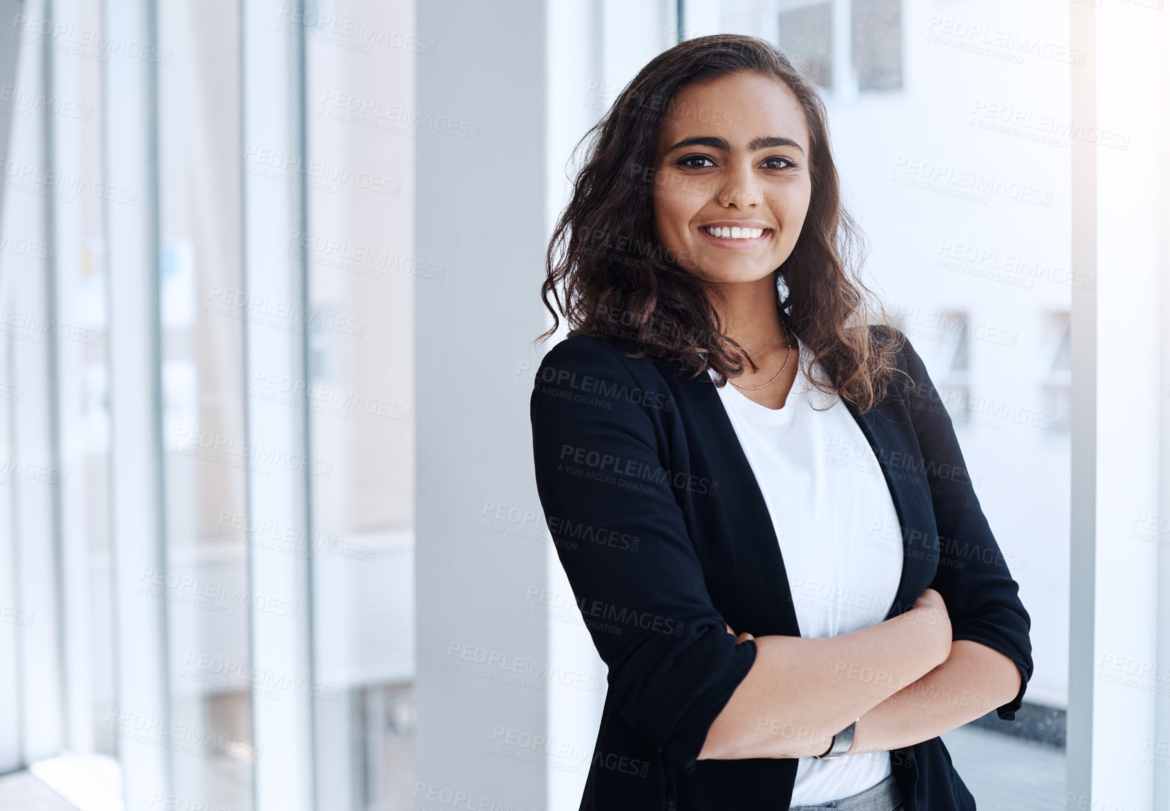 Buy stock photo Business woman, arms crossed and portrait by office building, confident and professional with real estate agent in city. Property development, corporate employee and pride with happiness in career