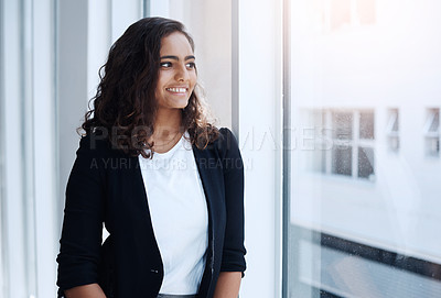 Buy stock photo Woman, window and thinking of business ideas for future in career, planning or brainstorming with smile. Inspiration, insight and problem solving for solution and decision with professional goals