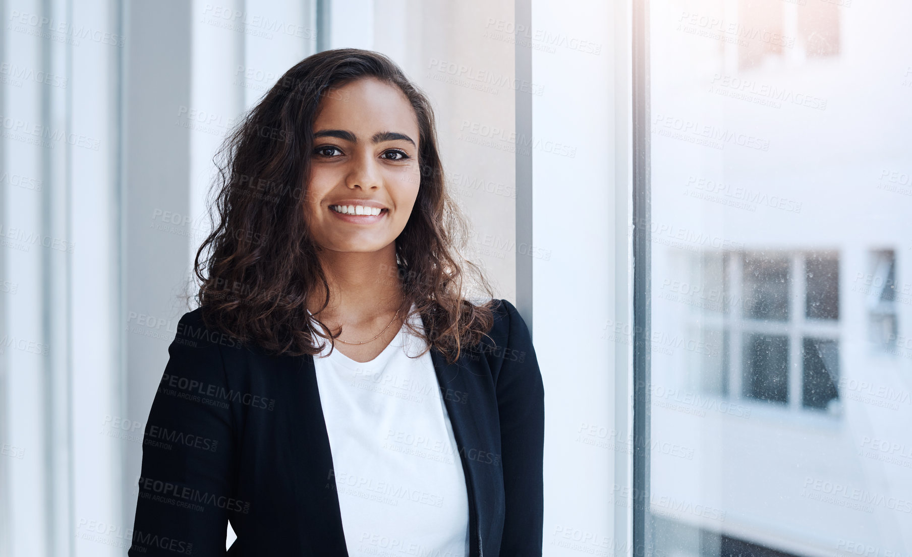 Buy stock photo Office, smile and portrait of woman by window with entrepreneurship, career or confidence. Lawyer, female person and happy with pride at work for corporate, legal professional or business at law firm