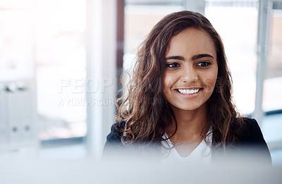 Buy stock photo Businesswoman, smile and office with computer as web developer in information technology for company. Female person, employee and designer for business in workplace for online, creative and happy