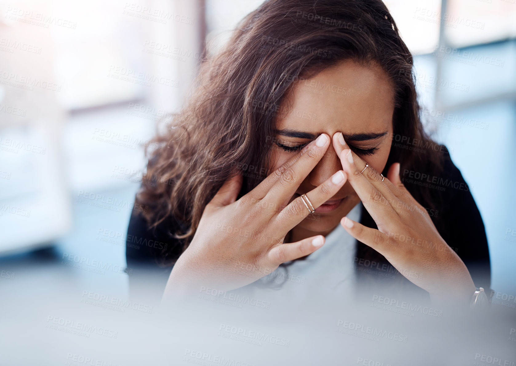 Buy stock photo Stress, anxiety and business woman with headache, tension and pressure for work, target and doubt in corporate career. Burnout, frustrated and lawyer with debt, sad and financial risk in office