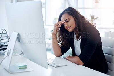 Buy stock photo Frustrated, business woman and computer with headache in stress, debt or mistake and burnout at office. Female person or employee with migraine, anxiety or depression in financial crisis at workplace