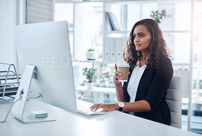 Buy stock photo Computer, woman and desk for online work, thinking and read on internet in workspace. Technology, employee and creative web designer, office and research or editing with coffee at agency business