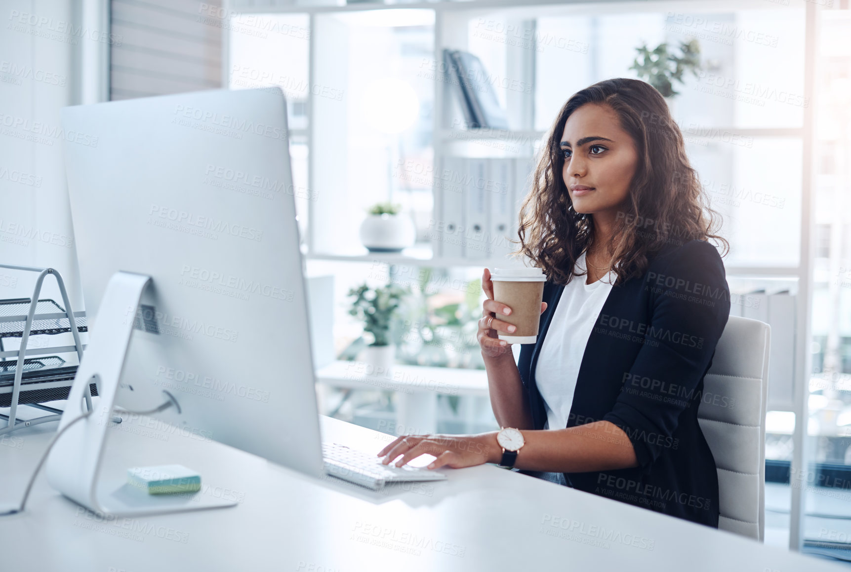 Buy stock photo Computer, woman and desk for online work, thinking and read on internet in workspace. Technology, employee and creative web designer, office and research or editing with coffee at agency business