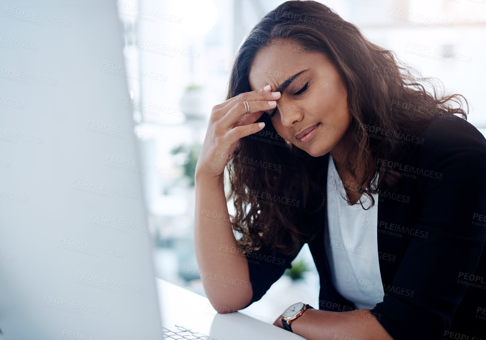 Buy stock photo Business woman, computer and headache with stress, debt or mistake in burnout at office. Frustrated female person or employee with migraine, anxiety or depression in financial crisis at workplace