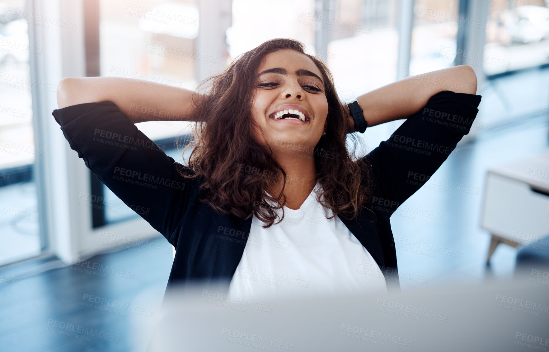 Buy stock photo Businesswoman, smile and stretching on break as web developer in information technology for company. Female person, finished and designer for business in workplace for online, creative and complete