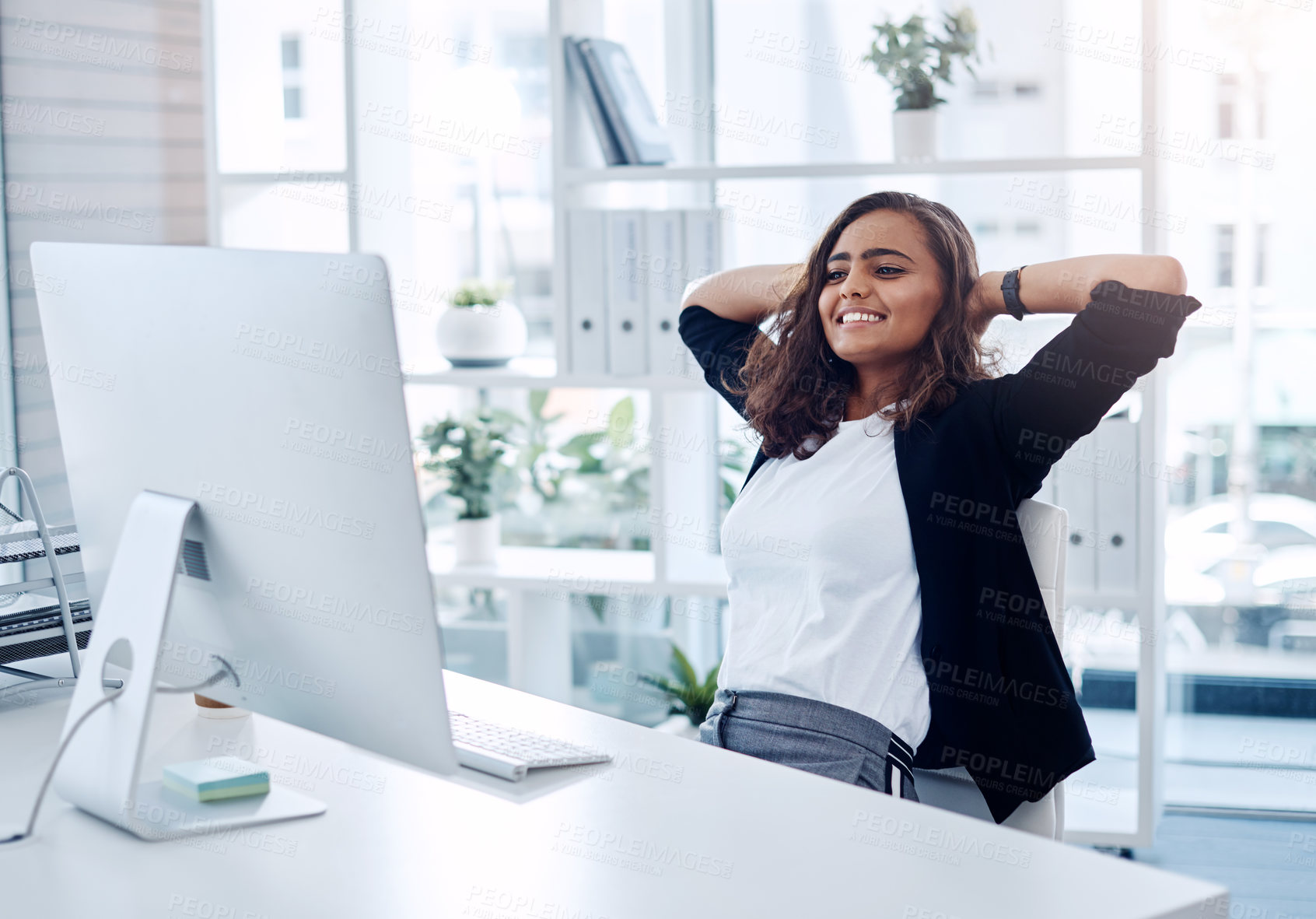 Buy stock photo Happy woman, relax and break with computer for rest, done or completion of tasks or work at office. Female person or employee with smile in comfort for finished, submission or relief at workplace