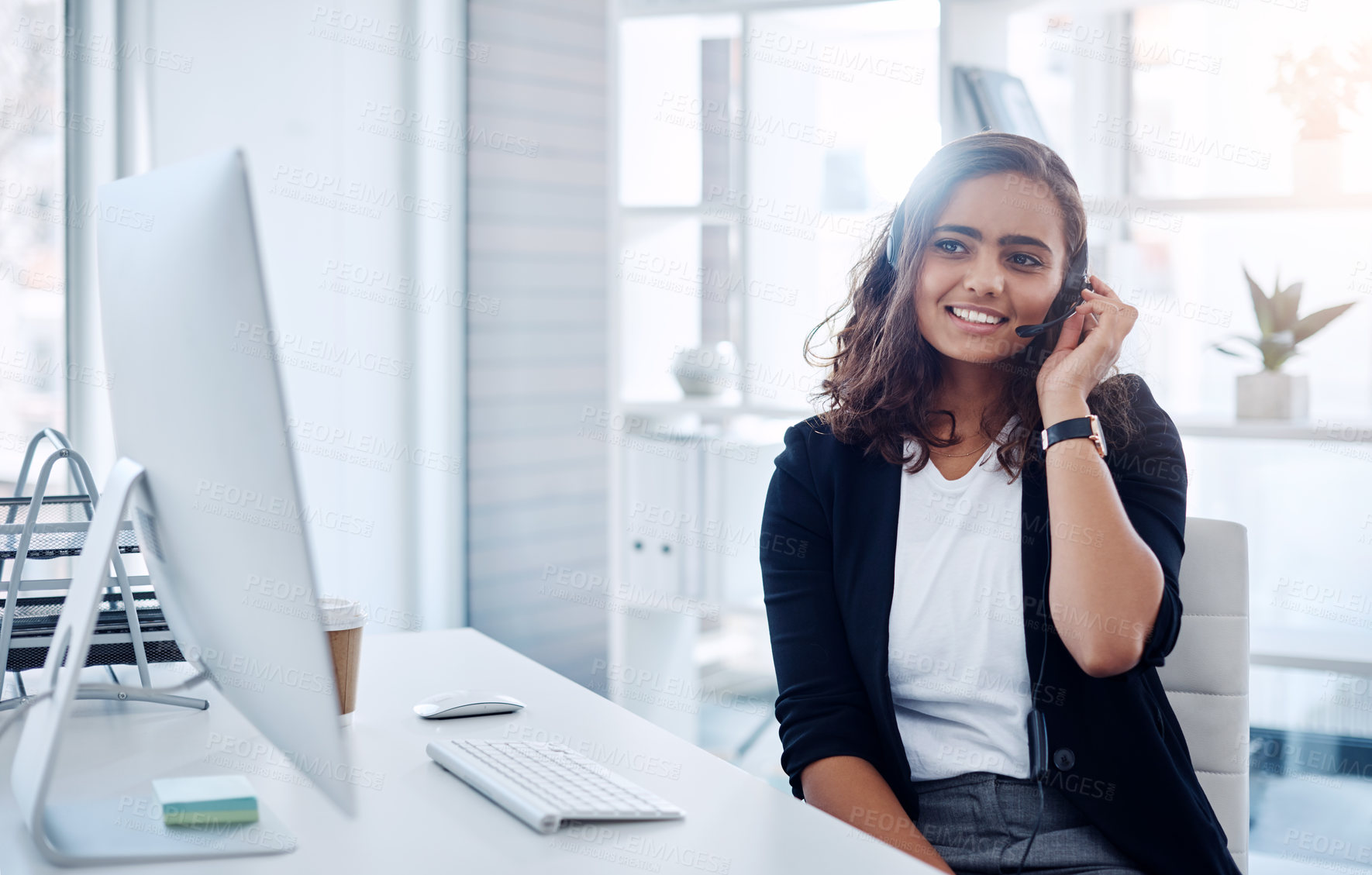 Buy stock photo Happy woman, computer and consultant with headphones in call center, customer service or support at office. Female person or friendly agent consulting for online advice, help or virtual assistance