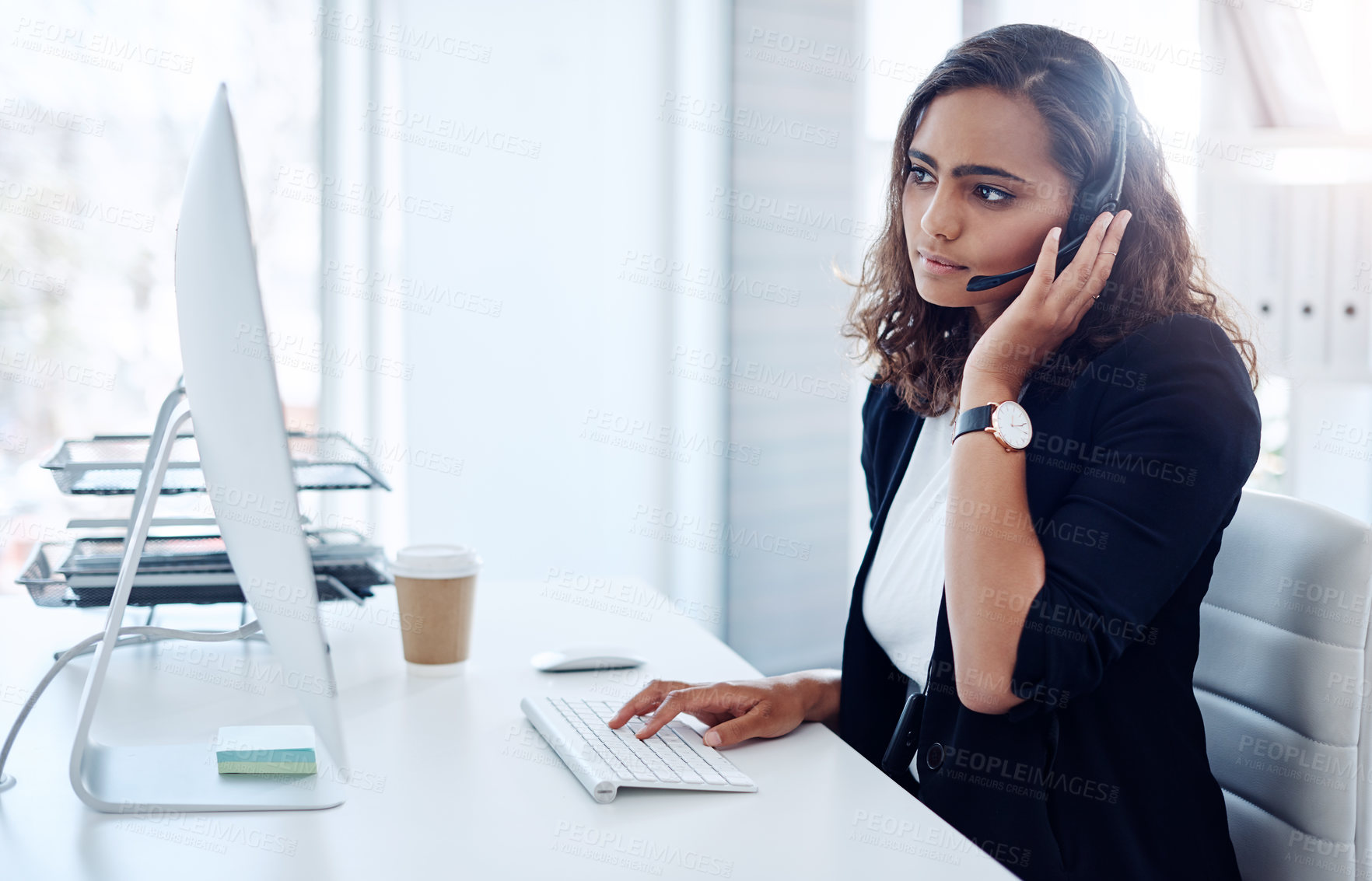 Buy stock photo Woman, computer and consultant with headphones in call center, customer service or support at office. Female person, agent or consulting for online advice, help or virtual assistance at workplace