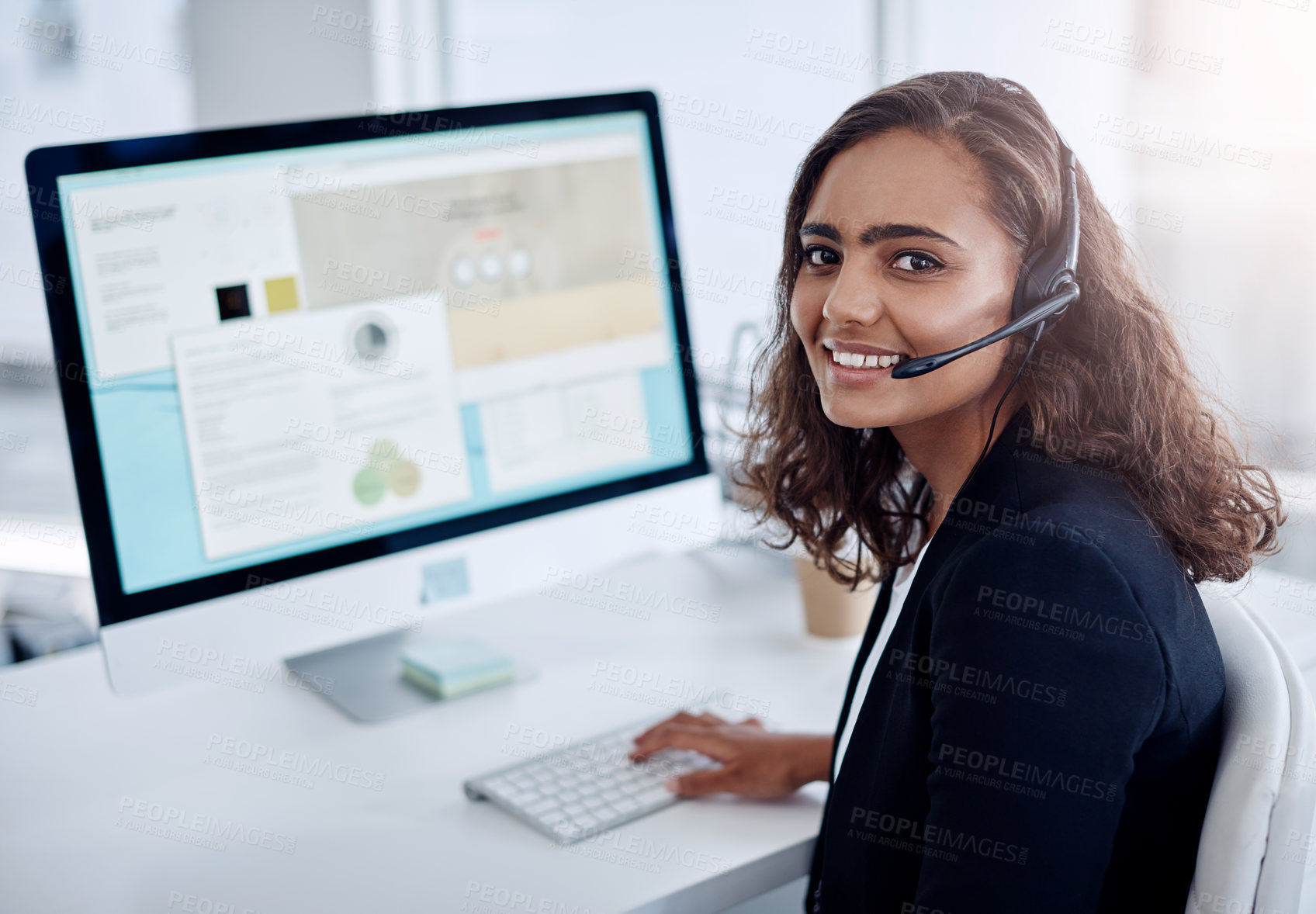 Buy stock photo Call center, woman and portrait with computer in office for customer service, sales planning or research. Businesswoman, headset and technology with smile for telemarketing, crm advice and consulting