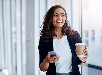 Buy stock photo Woman, smartphone and smile with coffee in office on lunch break for relax with technology. Social media,, contact and internet with employee in small business for message with entrepreneur for happy