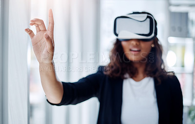 Buy stock photo Virtual reality, technology and business woman with digital glasses for webinar, conference and presentation. Hand, screen and futuristic, lawyer and trial simulation with metaverse for law career