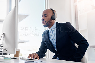 Buy stock photo Black man, call center operator and computer in office, online faq chat and tech support contact. Male person, helping consulting and email for communication, customer care and telemarketing service