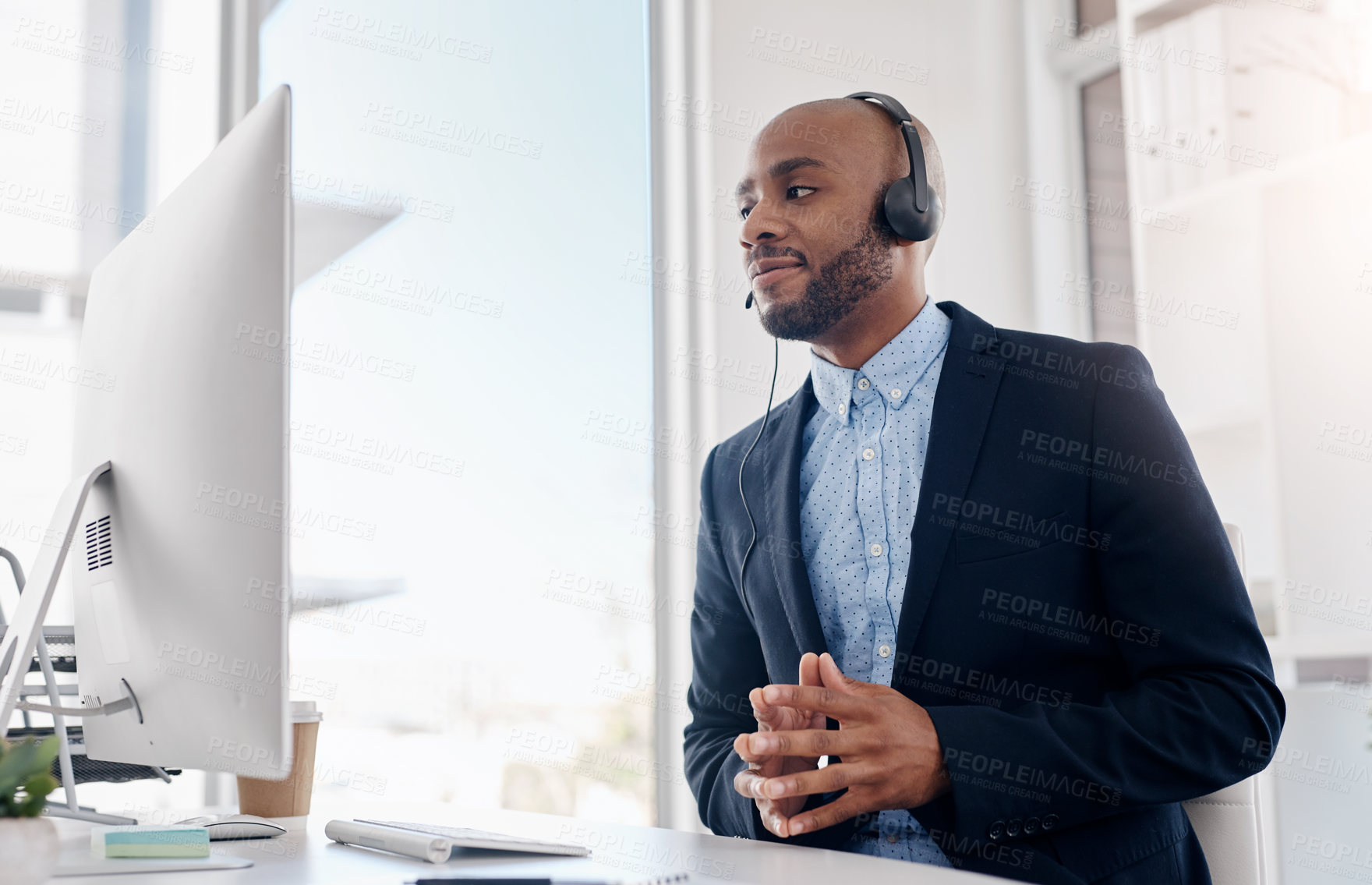 Buy stock photo Black man, call center telemarketing and computer in office, online faq chat and tech support contact. Male person, helping consulting and email for communication, customer care and advisory service