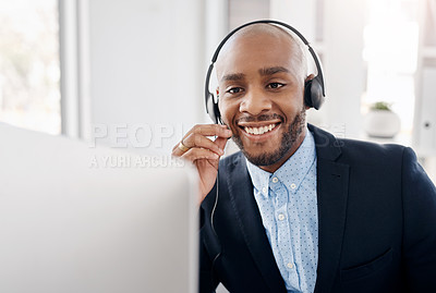 Buy stock photo Black man, receptionist and computer in office, online faq chat and technical support contact. Male person, helping consulting and email for communication, customer care and telemarketing service