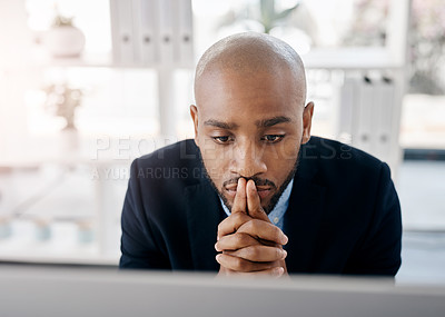 Buy stock photo Business, black man and thinking on computer at office with research, project and deadline as website designer. Male person, employee and read on internet or online creative ideas, review or report