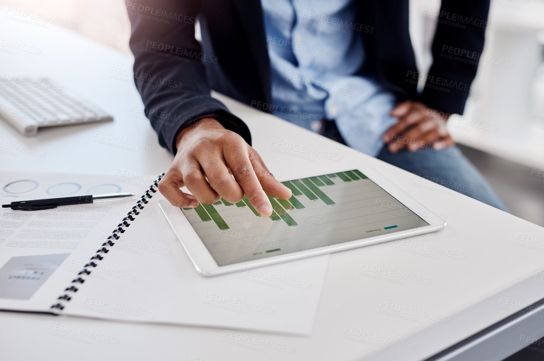 Buy stock photo Hands, business and person on tablet screen with statistics for company growth, feedback and report as finance analyst. Closeup, employee and office with graphs for budget and investment returns